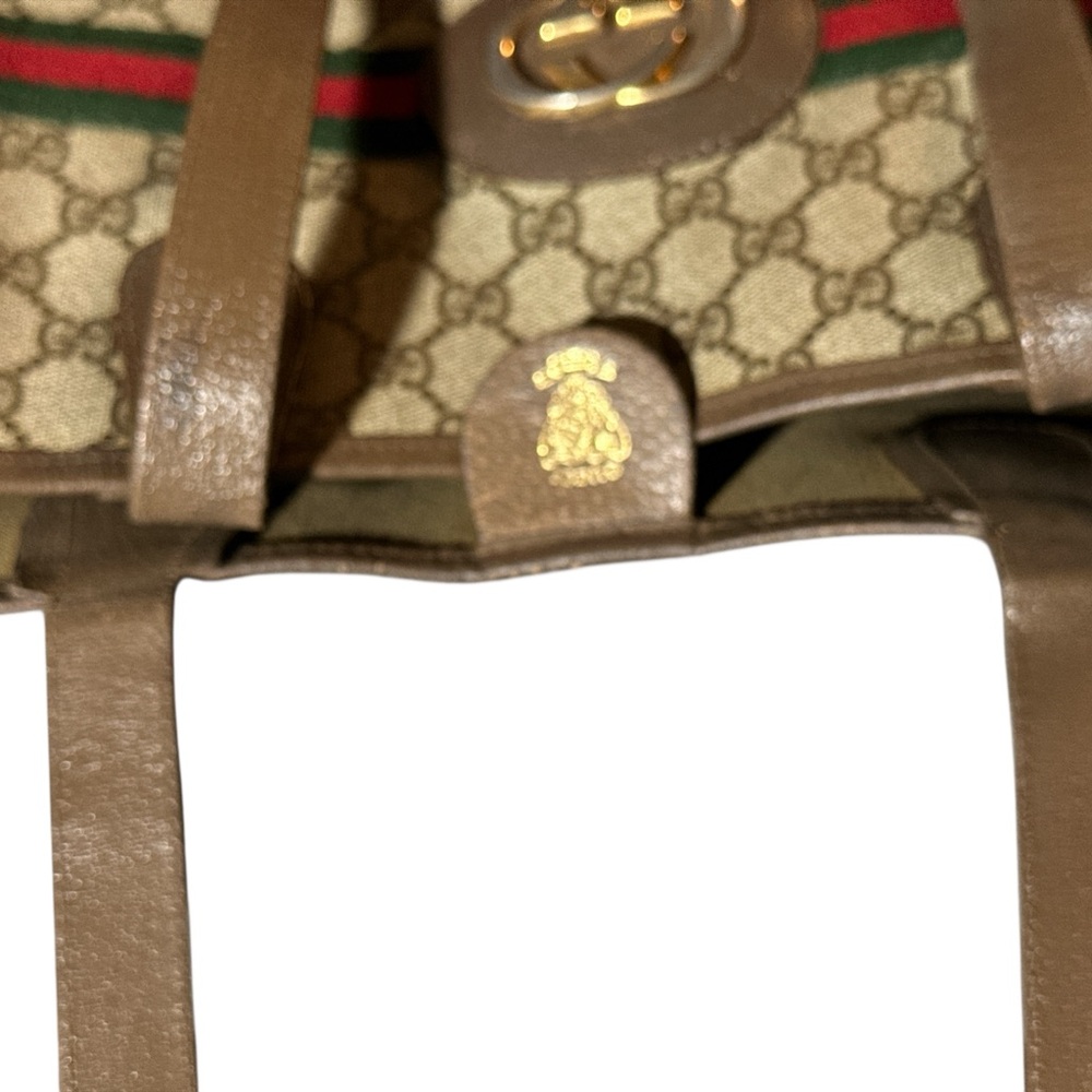 Auth. Repainted Gucci Beige+Brown GG Monogram Sherry Line Green And RedTote Bag - Picture 12 of 14